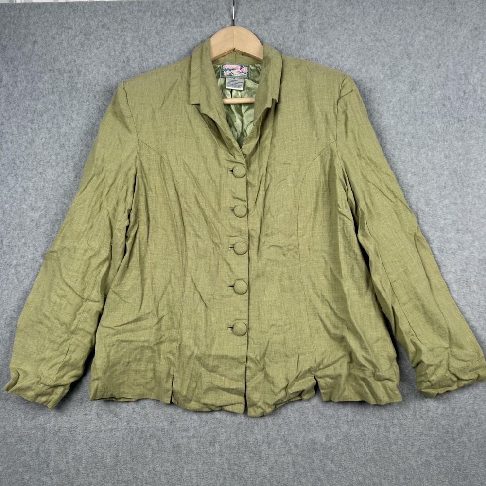 April Cornell Blazer Womens Medium Olive Green Linen Rayon Button Front‎ Jacket